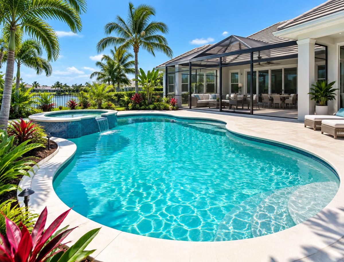 Clean turquoise pool in a Palm Harbor style backyard