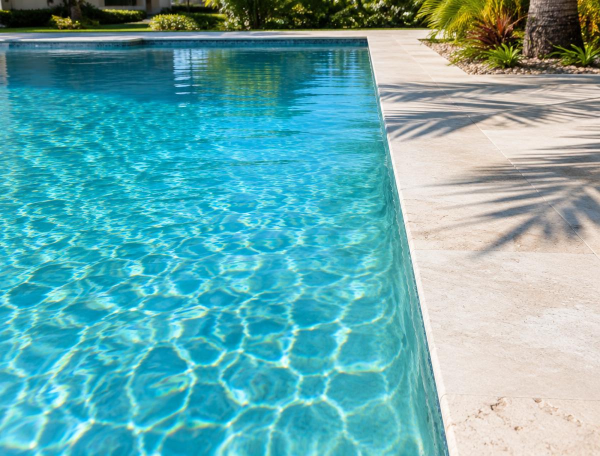 Crystal clear residential pool water and clean stone deck